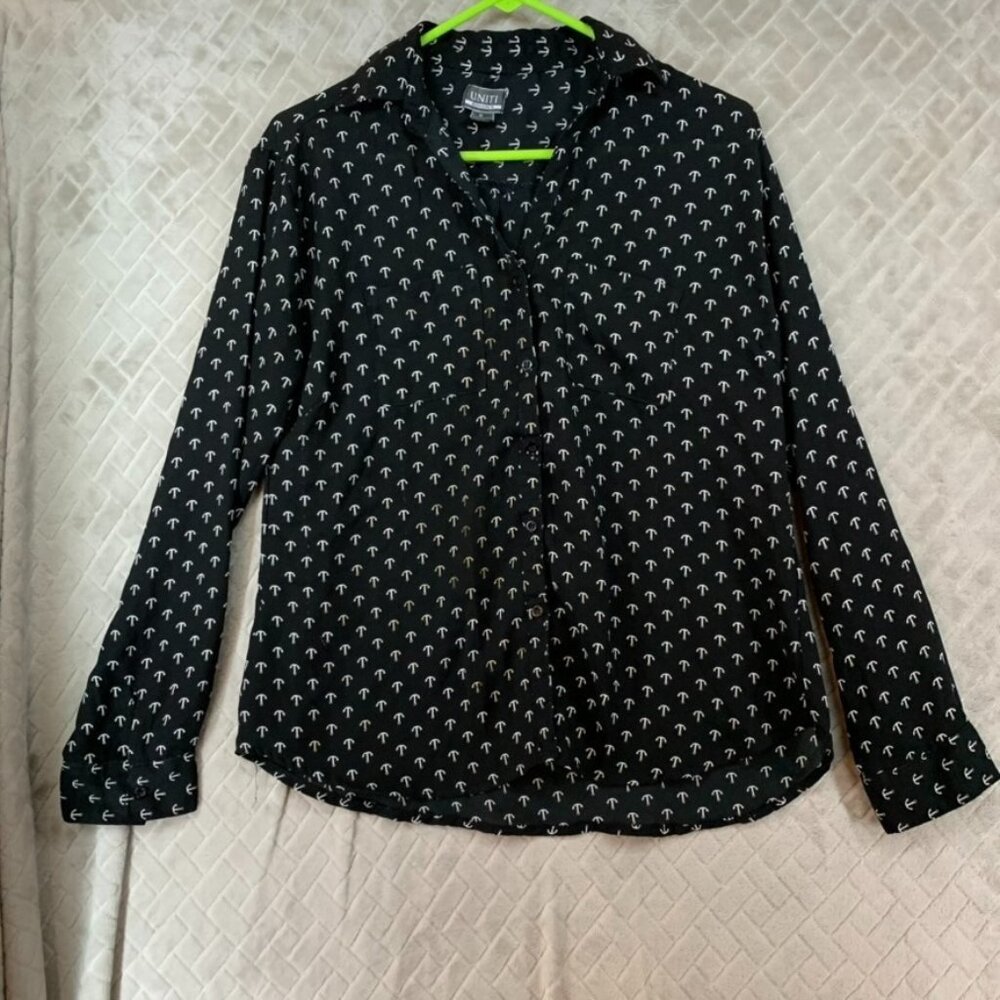 Uniti Casuals Womens XL Button Up Shirt Black Anchor Nautical Long Sleeve